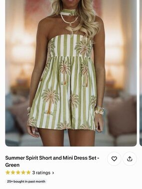 Striped Green Palm-Print Strapless Mini Dress